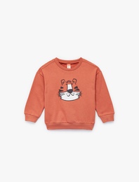 Şardonlu Kaplan İşlemeli Uzun Kollu Bisiklet Yaka Sweatshirt
