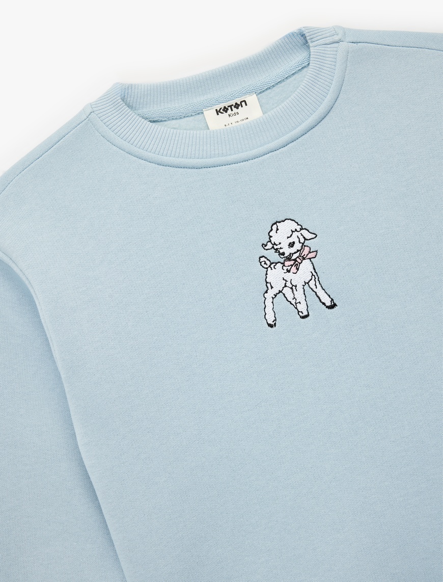  Kız Çocuk Uzun Kollu Bisiklet Yaka Kuzu Nakış Detaylı Sweatshirt