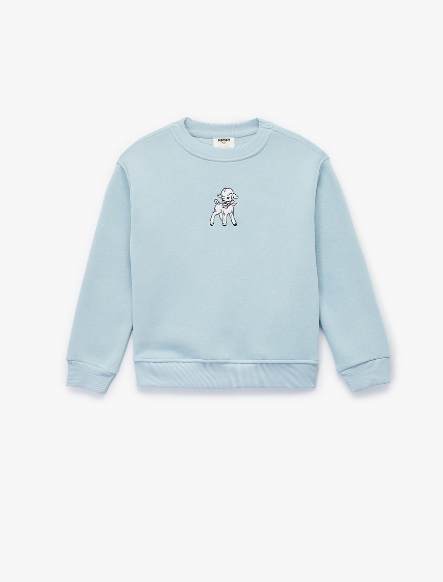  Kız Çocuk Uzun Kollu Bisiklet Yaka Kuzu Nakış Detaylı Sweatshirt