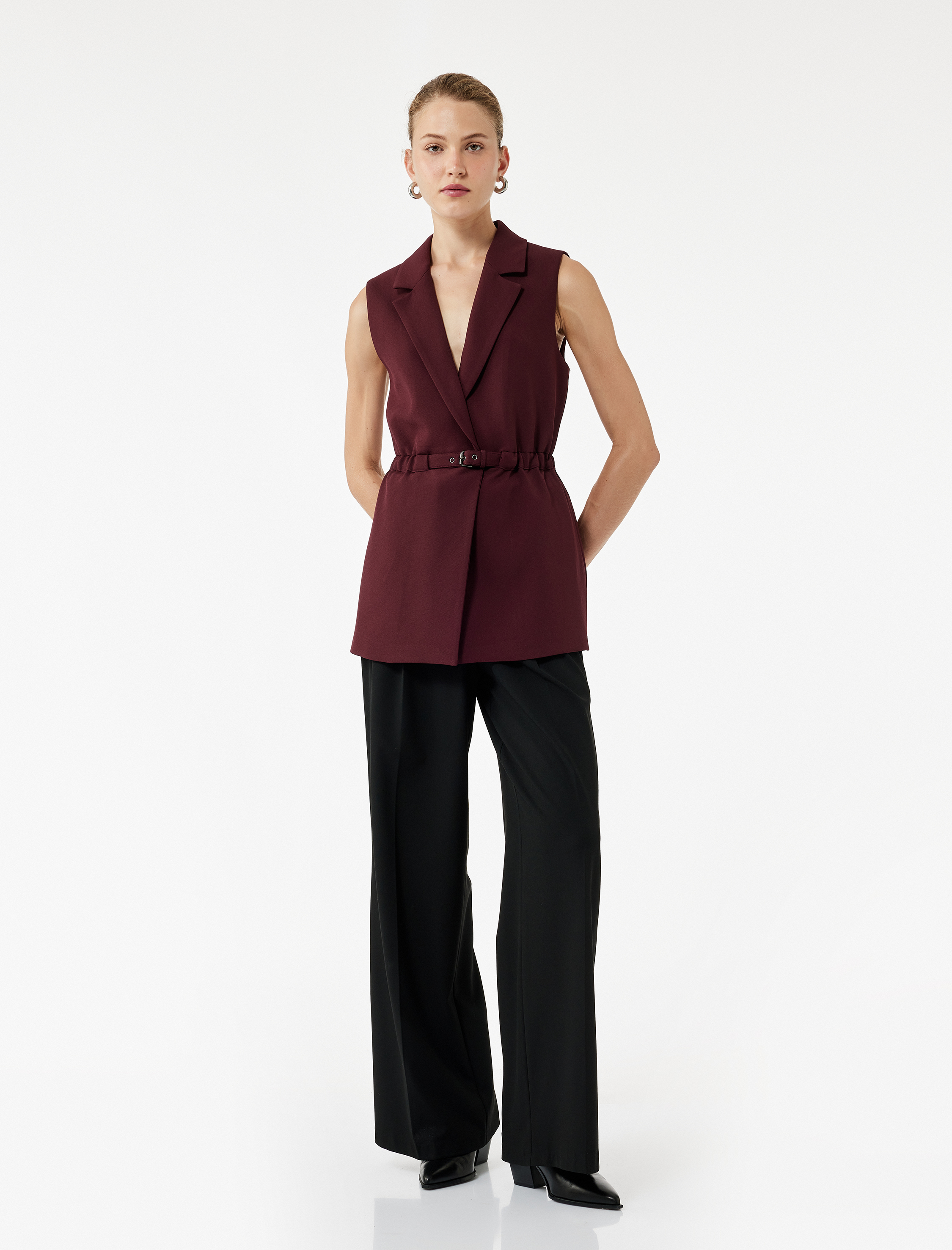 Astarlı Kruvaze Kolsuz Kemerli Uzun Yelek