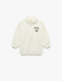 Uzun Kollu Şardonlu Yarım Fermuarlı Ayıcık Baskılı Sweatshirt