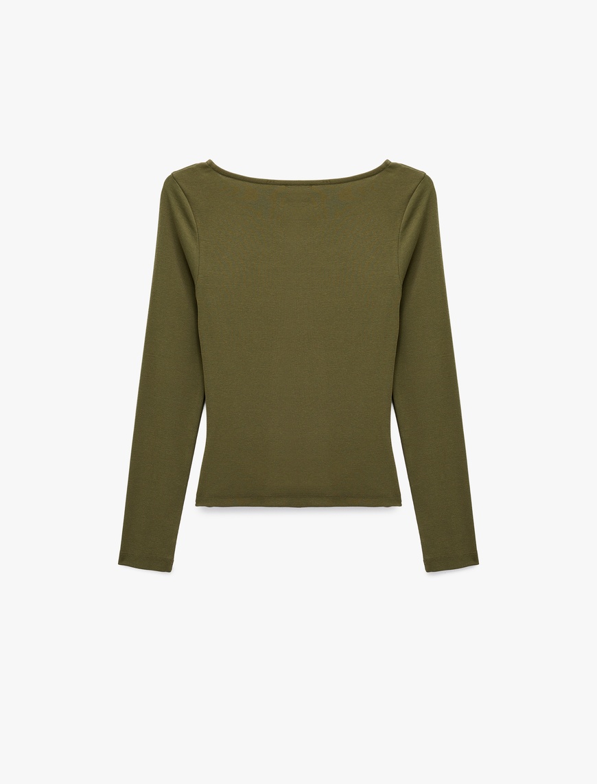   Pamuklu Slim Fit Kayık Yaka Drapeli Uzun Kollu Tişört