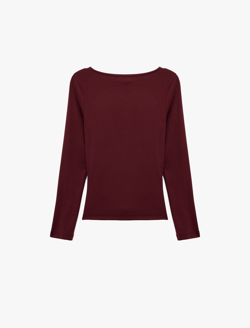   Pamuklu Slim Fit Kayık Yaka Drapeli Uzun Kollu Tişört