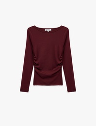 Pamuklu Slim Fit Kayık Yaka Drapeli Uzun Kollu Tişört