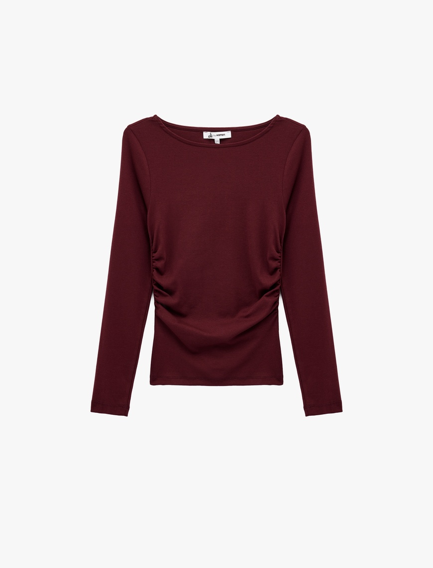   Pamuklu Slim Fit Kayık Yaka Drapeli Uzun Kollu Tişört