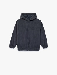 Uzun Kollu Fermuarlı Kapşonlu Polar Sweatshirt