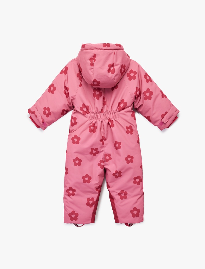 Kız Bebek Uzun Kollu Çiçekli Fermuarlı Kapşonlu Kar Tulumu