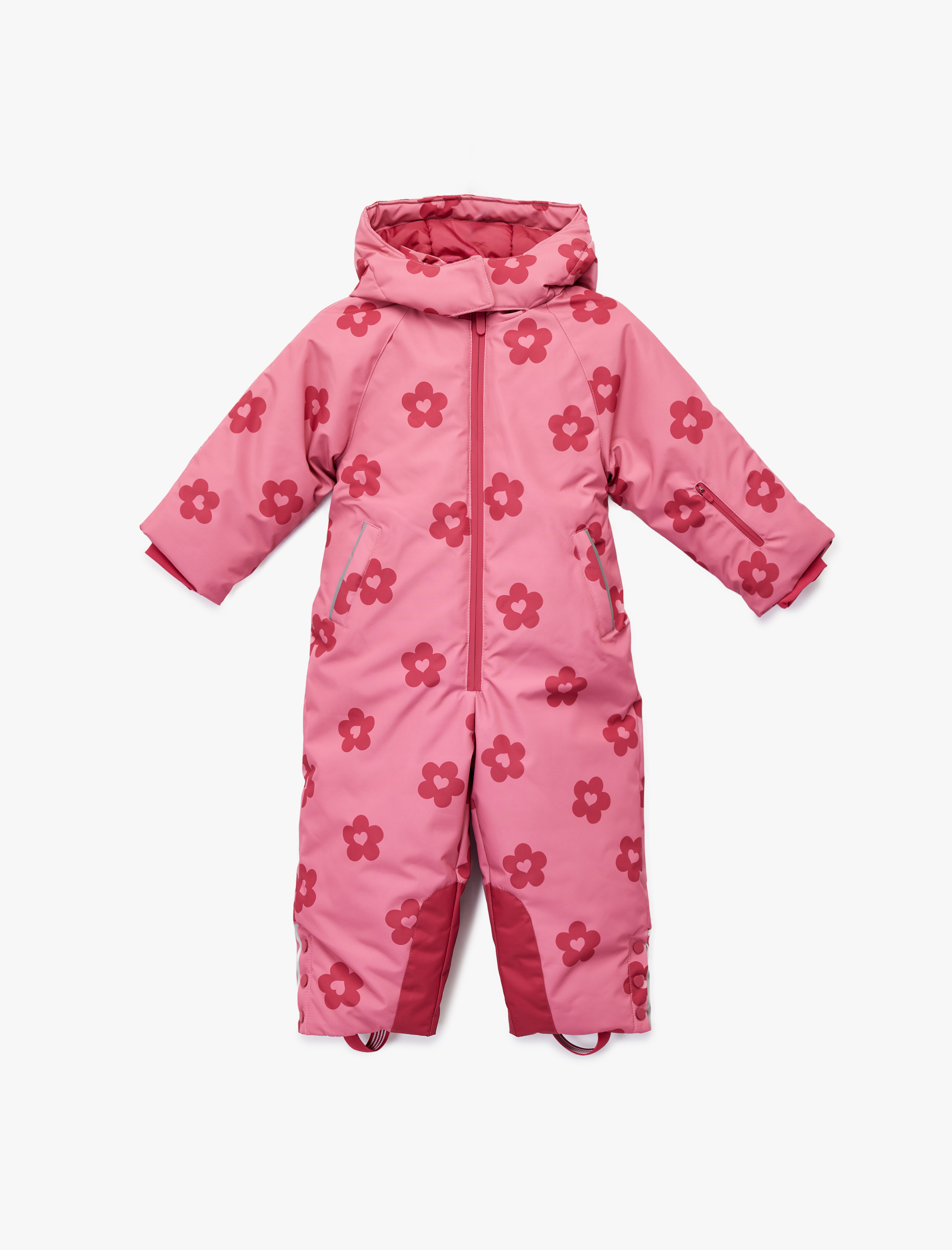  Kız Bebek Uzun Kollu Çiçekli Fermuarlı Kapşonlu Kar Tulumu