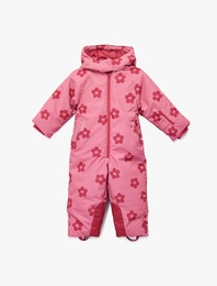 Uzun Kollu Çiçekli Fermuarlı Kapşonlu Kar Tulumu