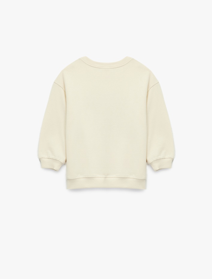 Kız Bebek Şardonlu Uzun Kollu Bisiklet Yaka Kalp Baskılı Çiçek Aplikeli Pamuklu Sweatshirt