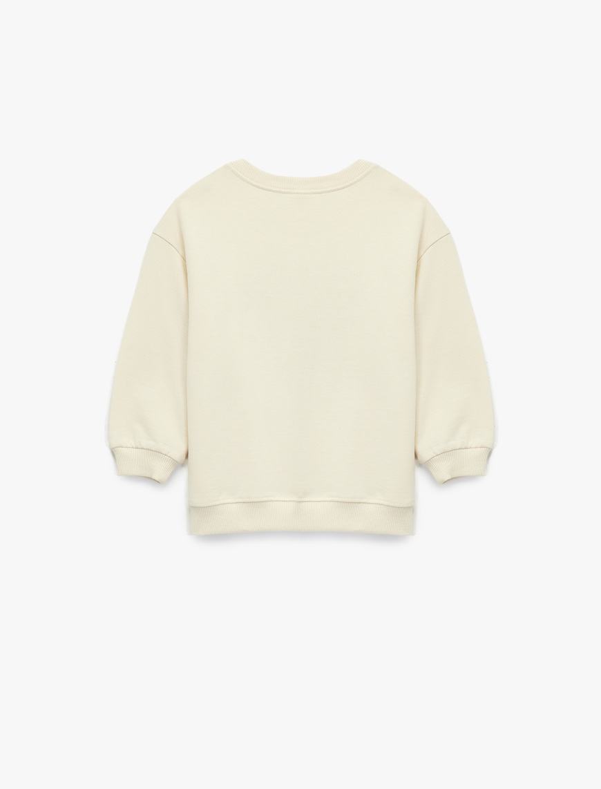  Kız Bebek Şardonlu Uzun Kollu Bisiklet Yaka Kalp Baskılı Çiçek Aplikeli Pamuklu Sweatshirt