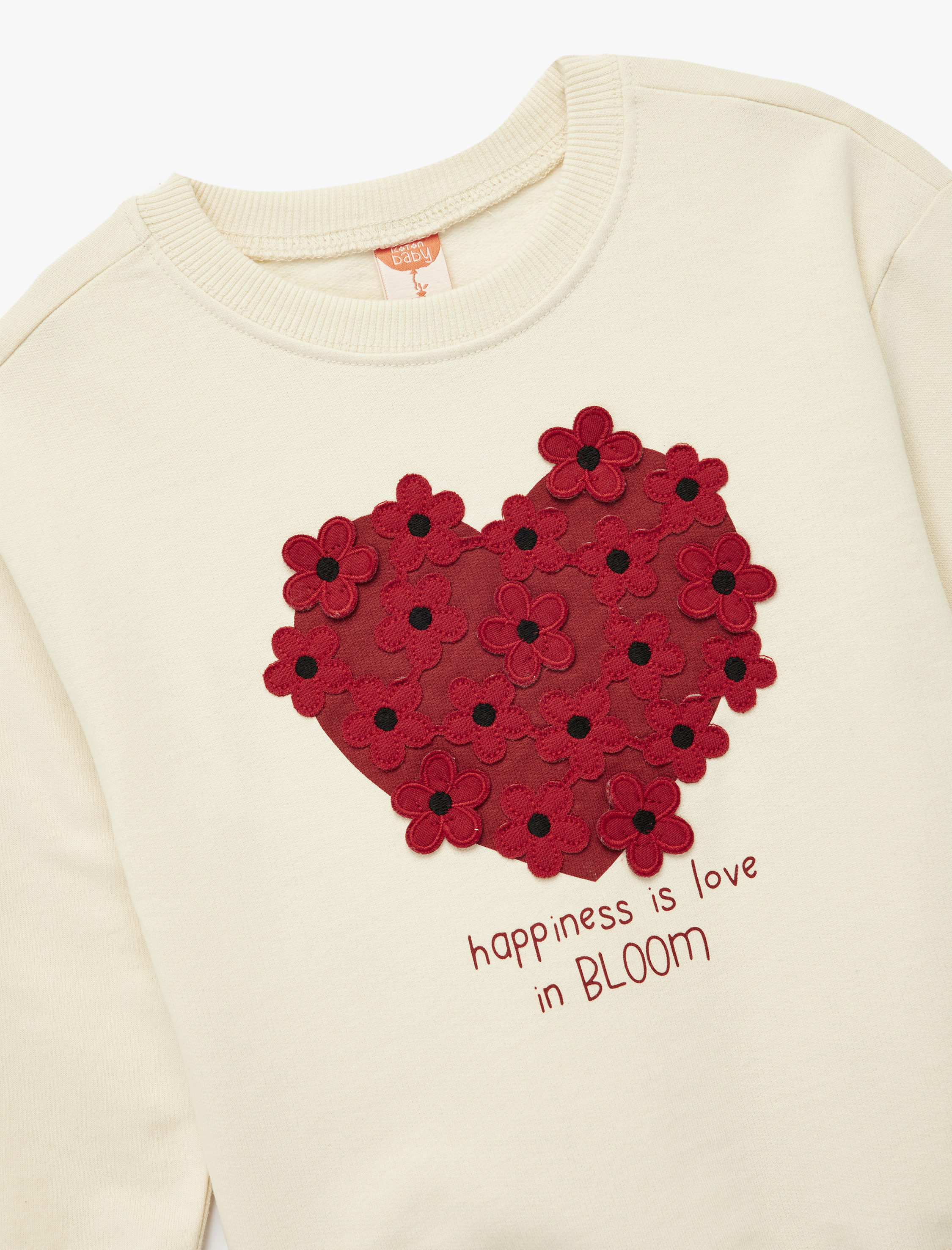  Kız Bebek Şardonlu Uzun Kollu Bisiklet Yaka Kalp Baskılı Çiçek Aplikeli Pamuklu Sweatshirt