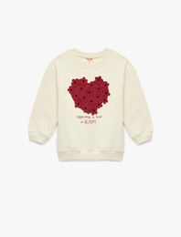 Şardonlu Uzun Kollu Bisiklet Yaka Kalp Baskılı Çiçek Aplikeli Pamuklu Sweatshirt