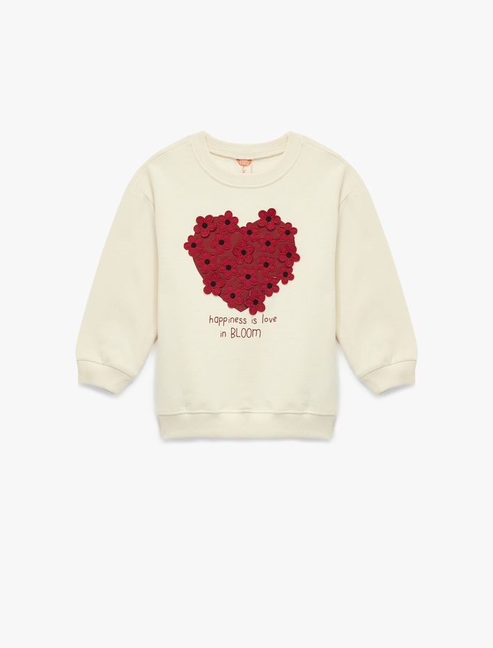 Kız Bebek Şardonlu Uzun Kollu Bisiklet Yaka Kalp Baskılı Çiçek Aplikeli Pamuklu Sweatshirt