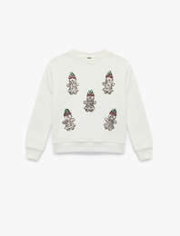 Şardonlu Uzun Kollu Bisiklet Yaka Pullu Payetli Sweatshirt