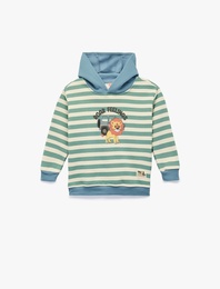 Aslan Baskılı Şardonlu Uzun Kollu Kapşonlu Çizgili Sweatshirt