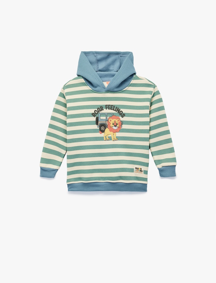 Erkek Bebek Aslan Baskılı Şardonlu Uzun Kollu Kapşonlu Çizgili Sweatshirt