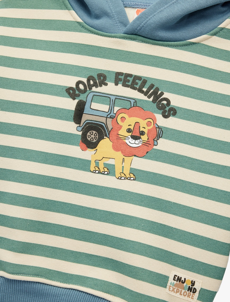 Erkek Bebek Aslan Baskılı Şardonlu Uzun Kollu Kapşonlu Çizgili Sweatshirt