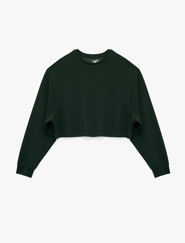  Viskon Oversize Uzun Kollu Bisiklet Yaka Crop Spor Sweatshirt
