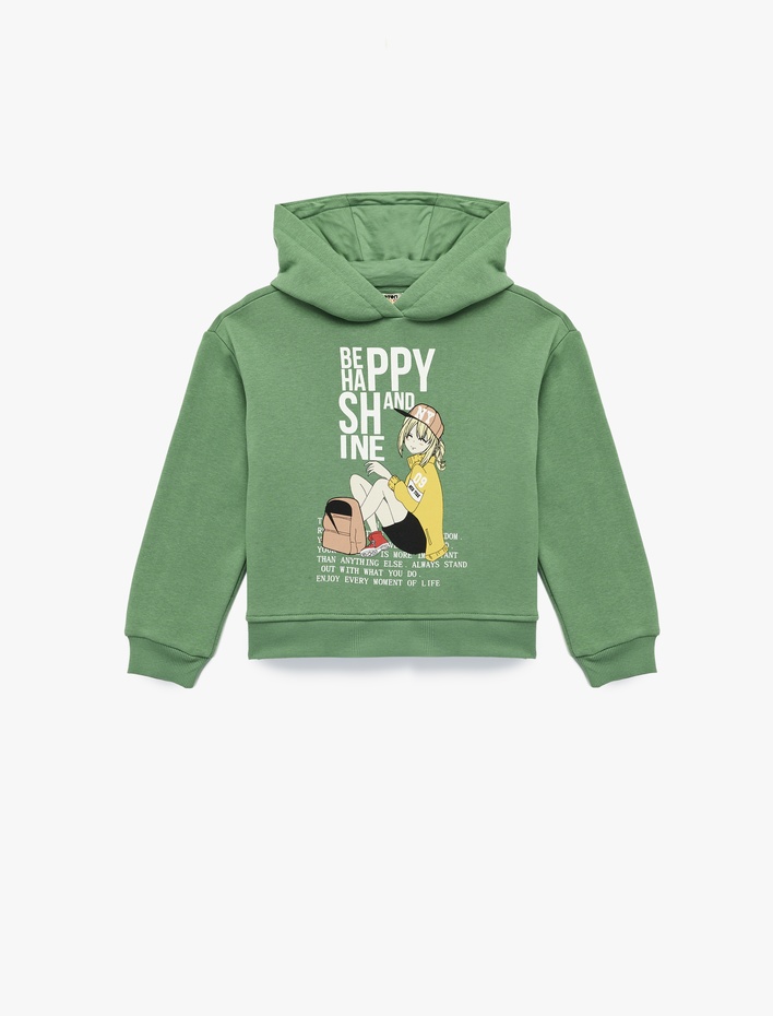 Kız Çocuk Şardonlu Uzun Kollu Kapşonlu Baskılı Sweatshirt