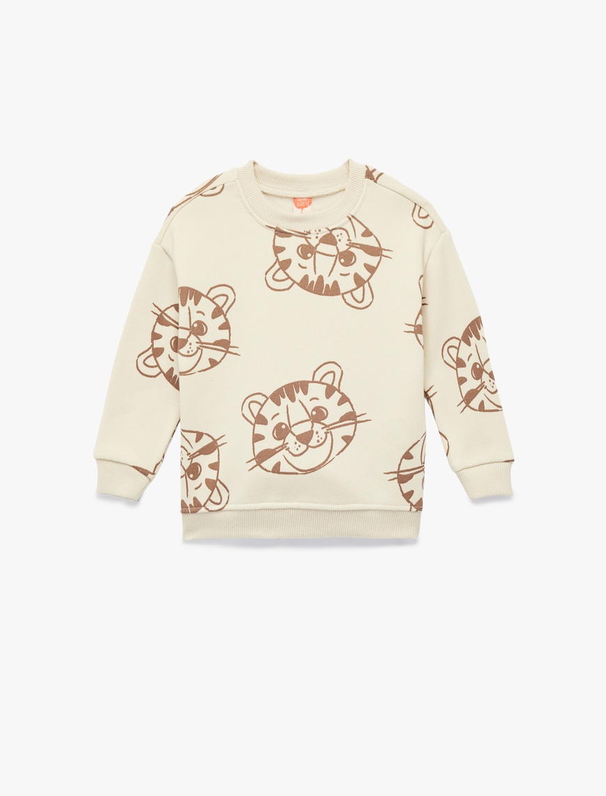  Erkek Bebek Kaplan Baskılı Uzun Kollu Bisiklet Yaka Şardonlu Sweatshirt