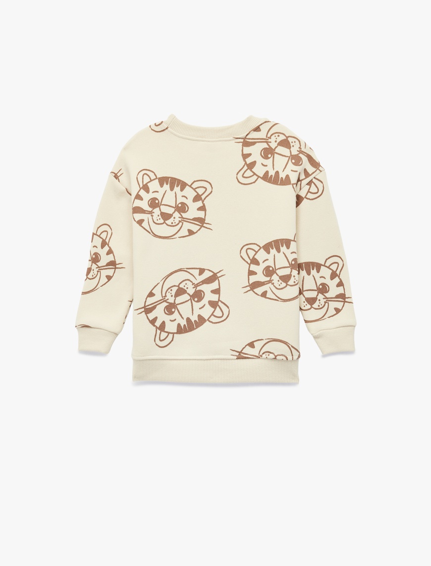  Erkek Bebek Kaplan Baskılı Uzun Kollu Bisiklet Yaka Şardonlu Sweatshirt