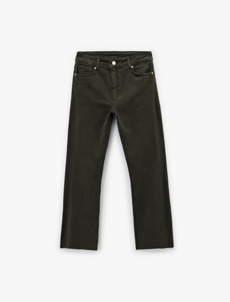   Pamuklu Dar Kalıp Düğmeli Cepli İspanyol Paça Crop Jean Pantolon -  Kick Flare Jeans
