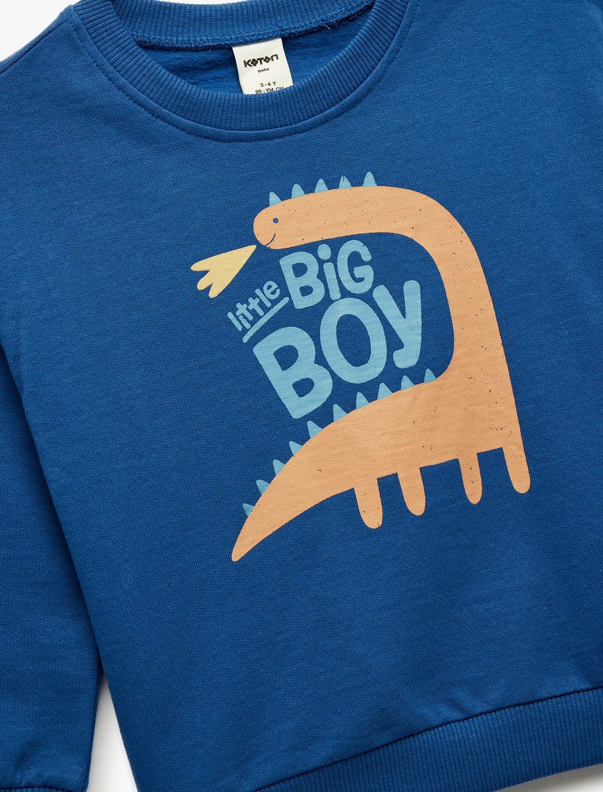  Erkek Bebek Pamuklu Dinozor Baskılı Uzun Kollu Bisiklet Yaka Şardonlu Sweatshirt