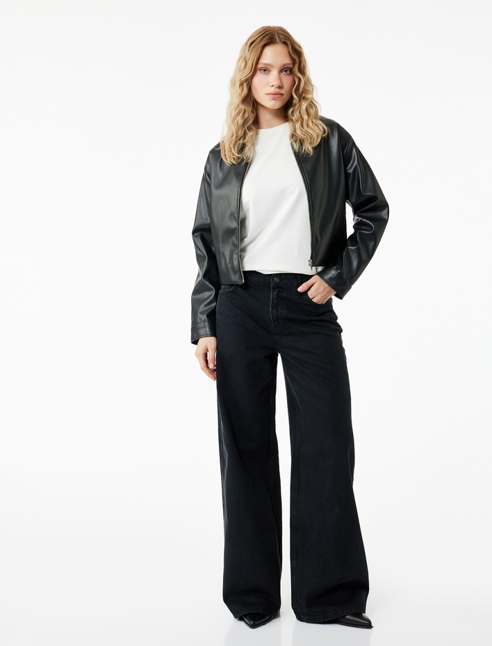  Normal Bel Cepli Düğmeli Pamuklu Rahat Kesim Geniş Paça Jean Pantolon - Loose Straight Fit Jeans