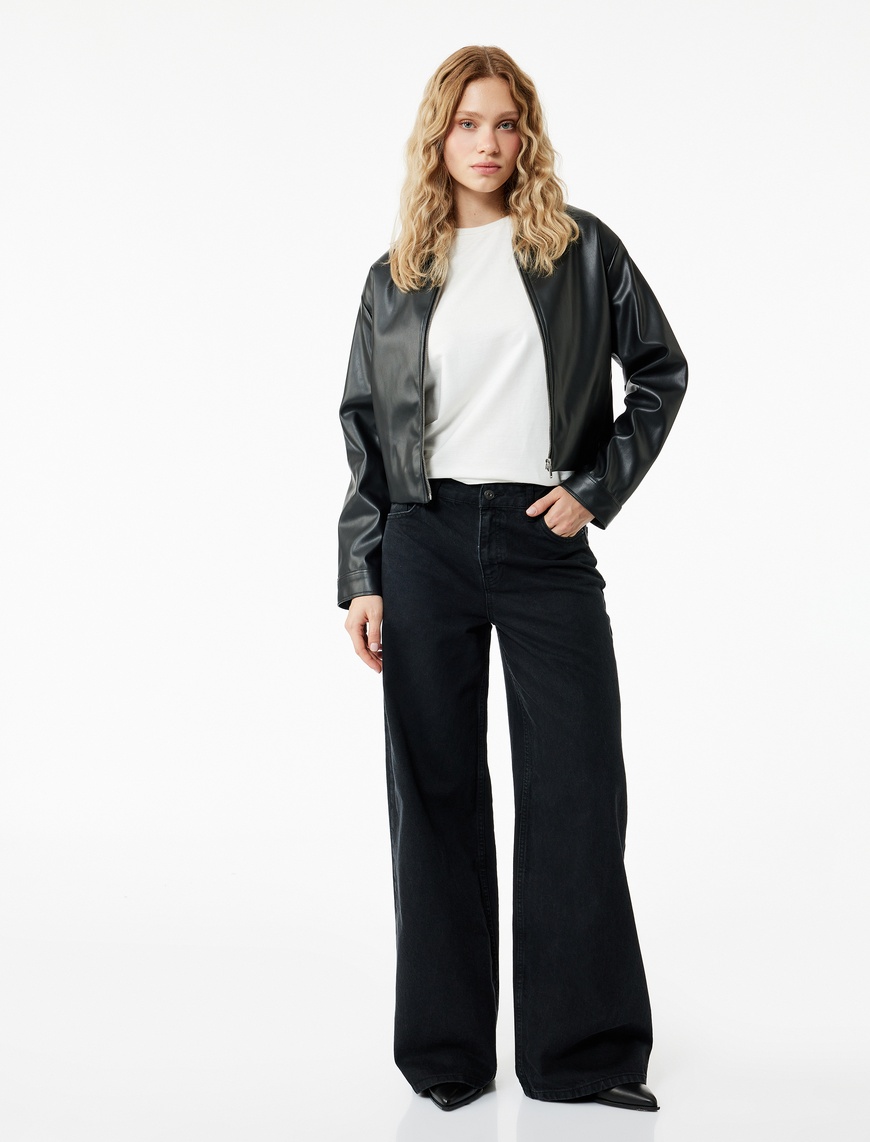   Normal Bel Cepli Düğmeli Pamuklu Rahat Kesim Geniş Paça Jean Pantolon - Loose Straight Fit Jeans