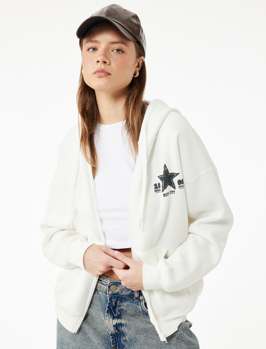   Şardonlu Arkası Baskılı Kanguru Cepli Kapüşonlu Fermuarlı Oversize Sweatshirt
