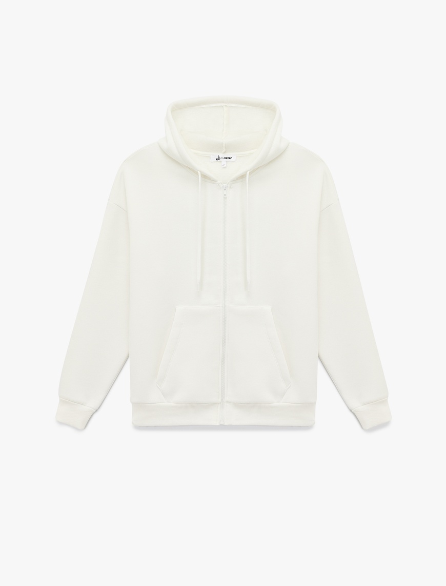   Şardonlu Arkası Baskılı Kanguru Cepli Kapüşonlu Fermuarlı Oversize Sweatshirt