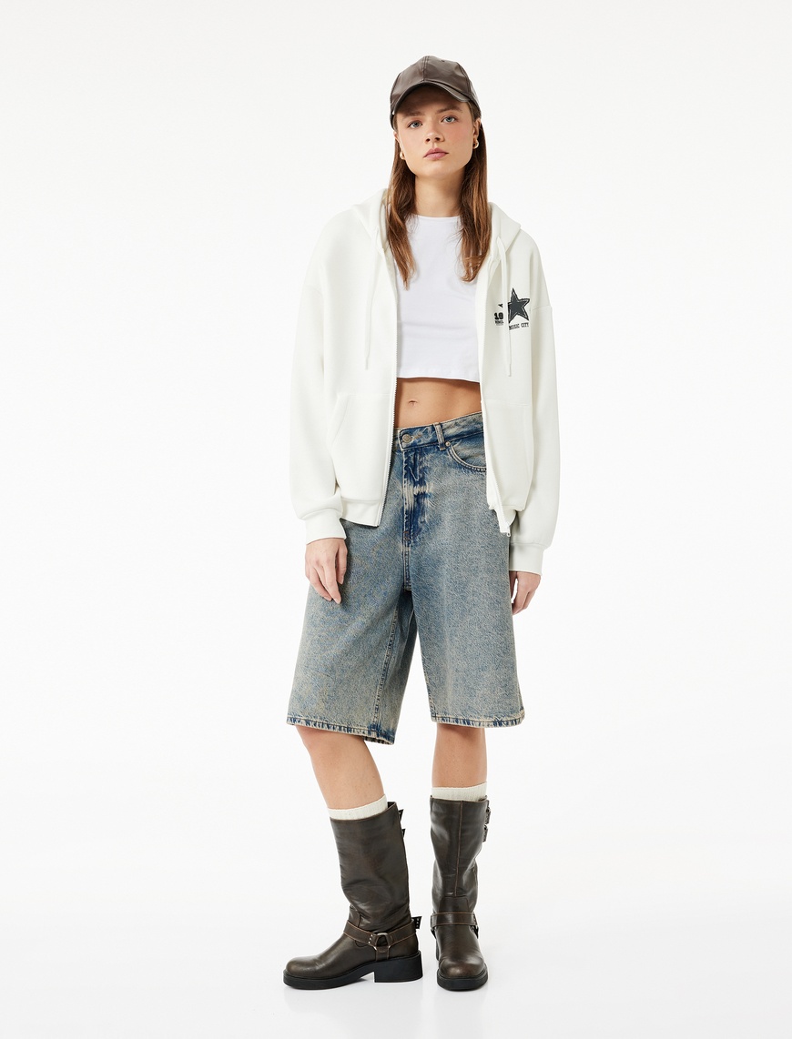   Şardonlu Arkası Baskılı Kanguru Cepli Kapüşonlu Fermuarlı Oversize Sweatshirt