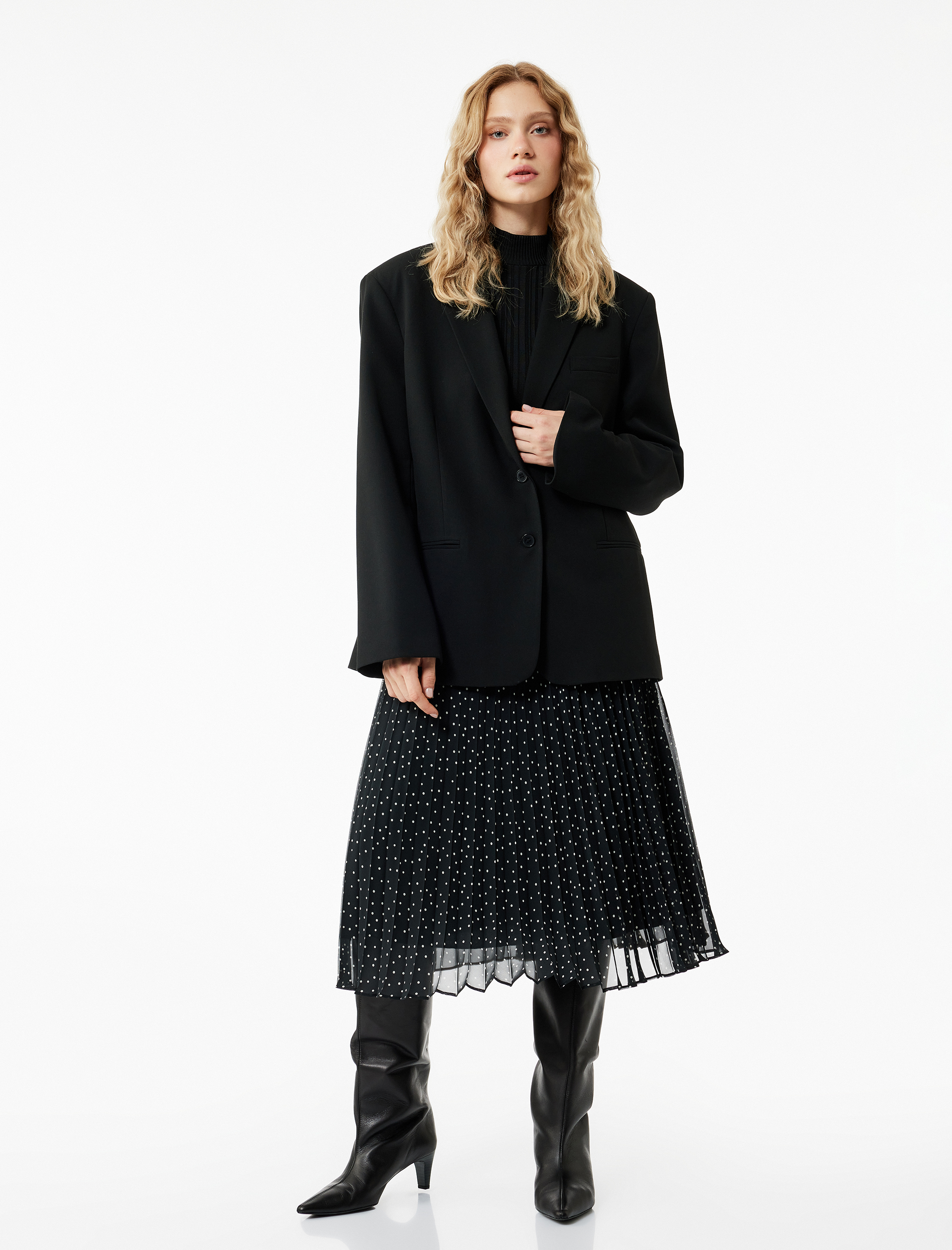   Puantiyeli İnce Piliseli Midi Boy Pileli Şifon Etek