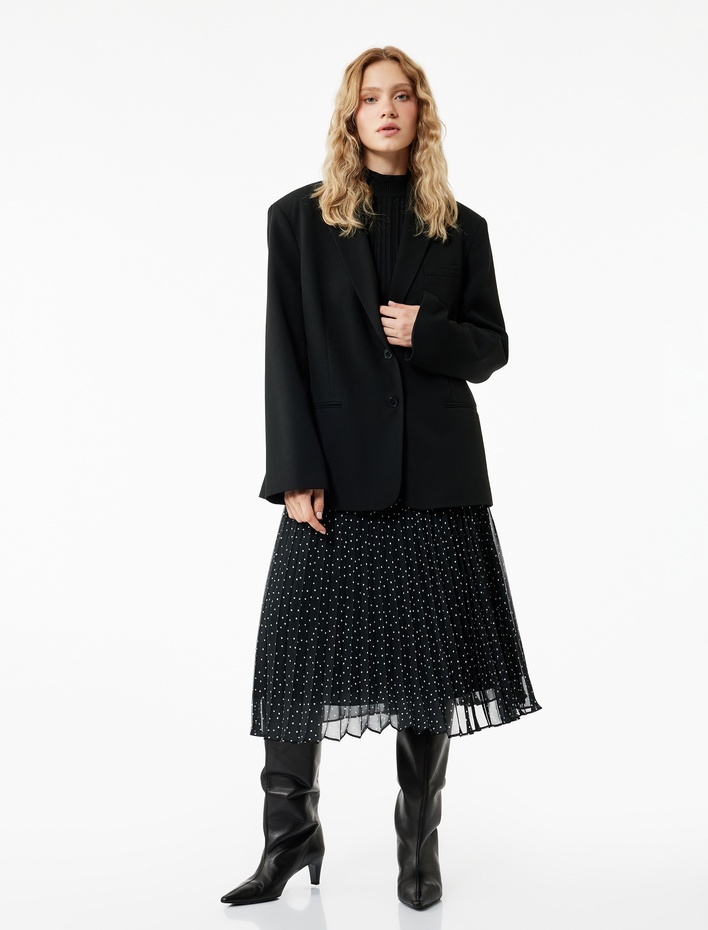  Puantiyeli İnce Piliseli Midi Boy Pileli Şifon Etek