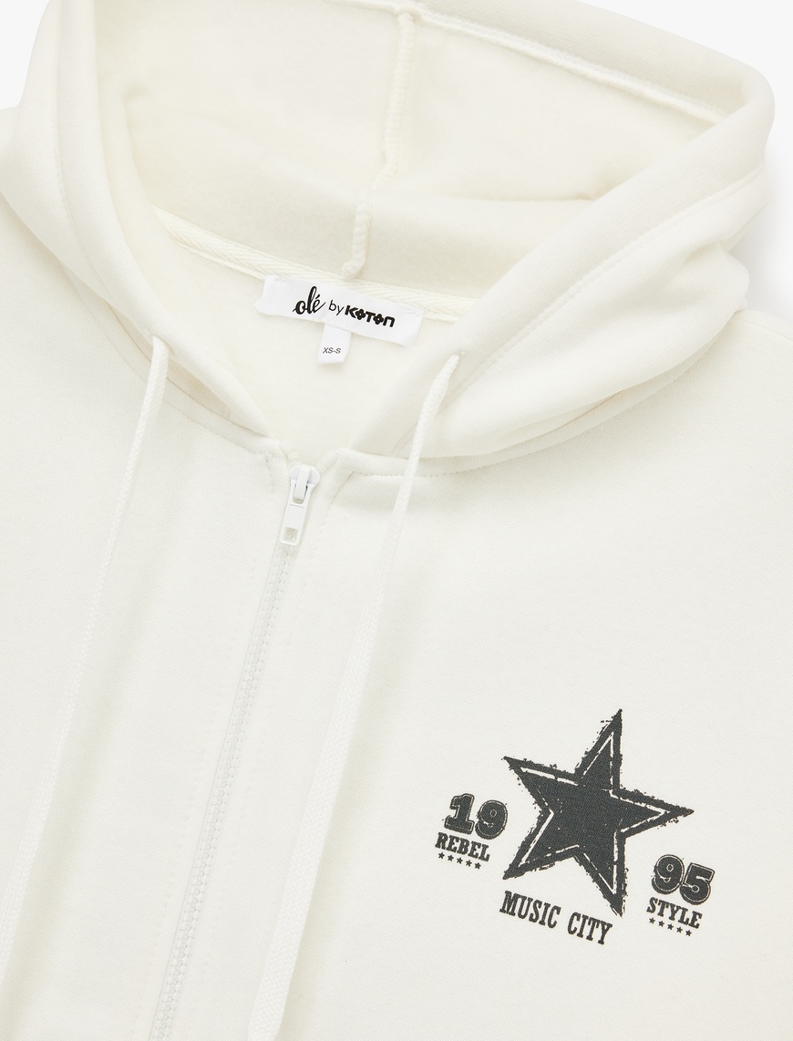   Şardonlu Arkası Baskılı Kanguru Cepli Kapüşonlu Fermuarlı Oversize Sweatshirt