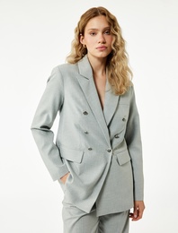 Slim Fit Düğmeli Cepli Uzun Kollu Kruvaze Blazer Ceket