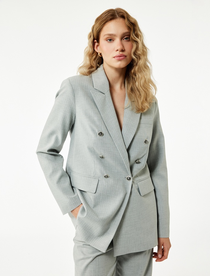  Slim Fit Düğmeli Cepli Uzun Kollu Kruvaze Blazer Ceket