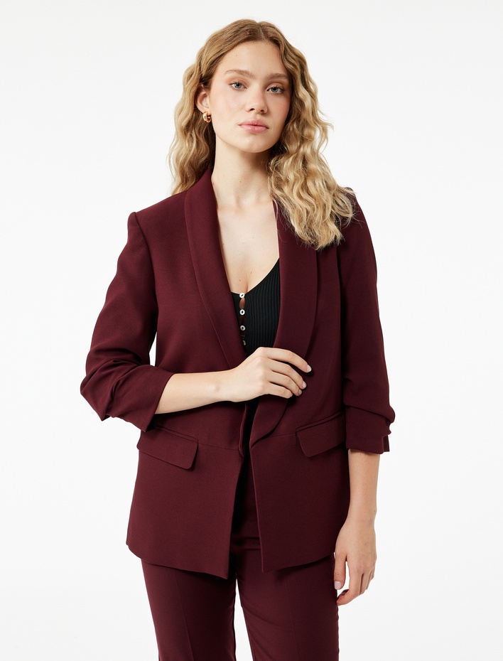  Krep Kumaş Regular Fit Şal Yaka 3/4 Kollu Blazer Ceket
