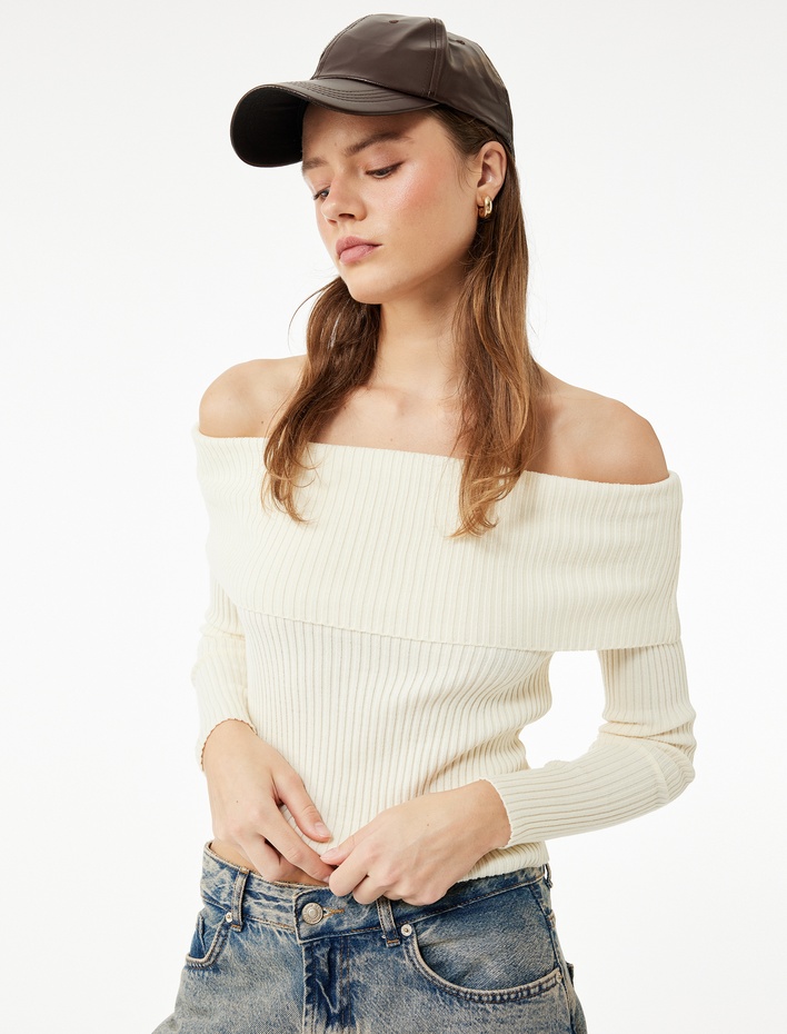  Uzun Kollu Slim Fit Omzu Açık Fitilli Triko Kazak
