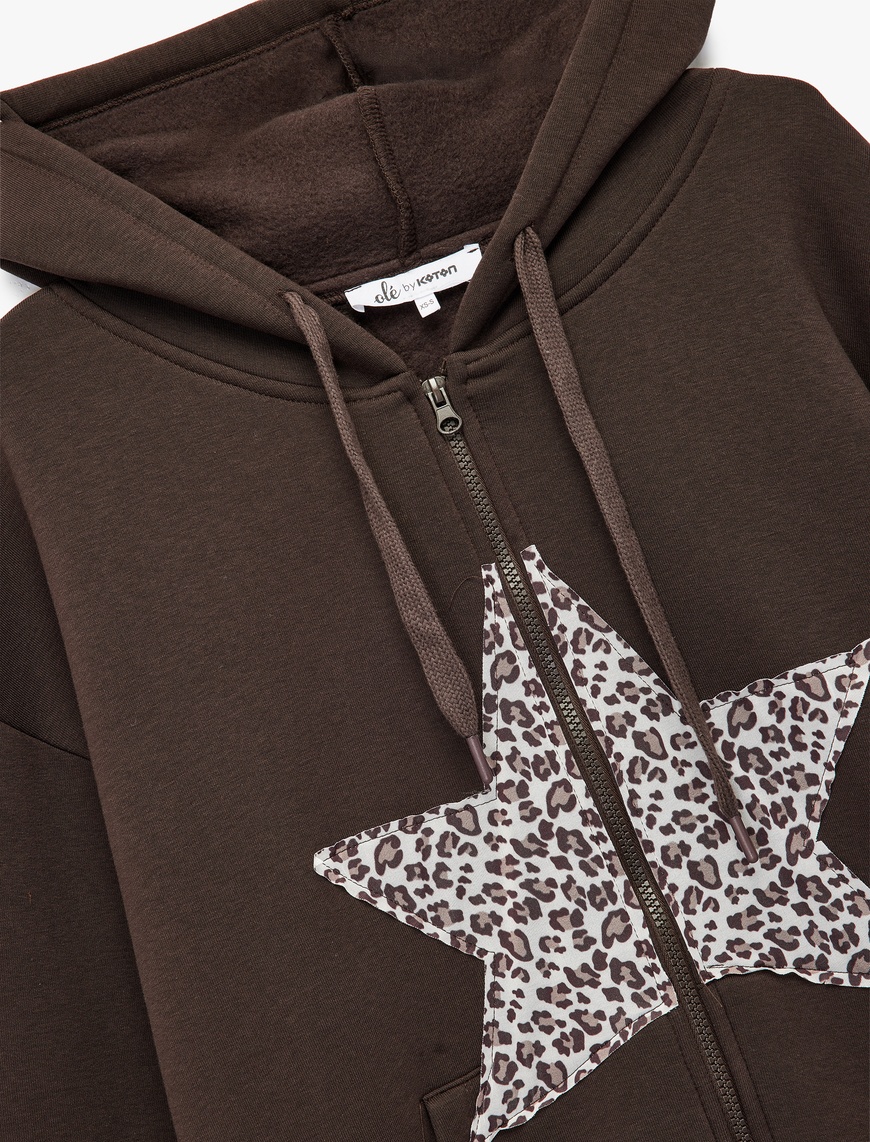   Şardonlu Fermuarlı Kapüşonlu Kanguru Cepli Leopar Baskılı Oversize Sweatshirt