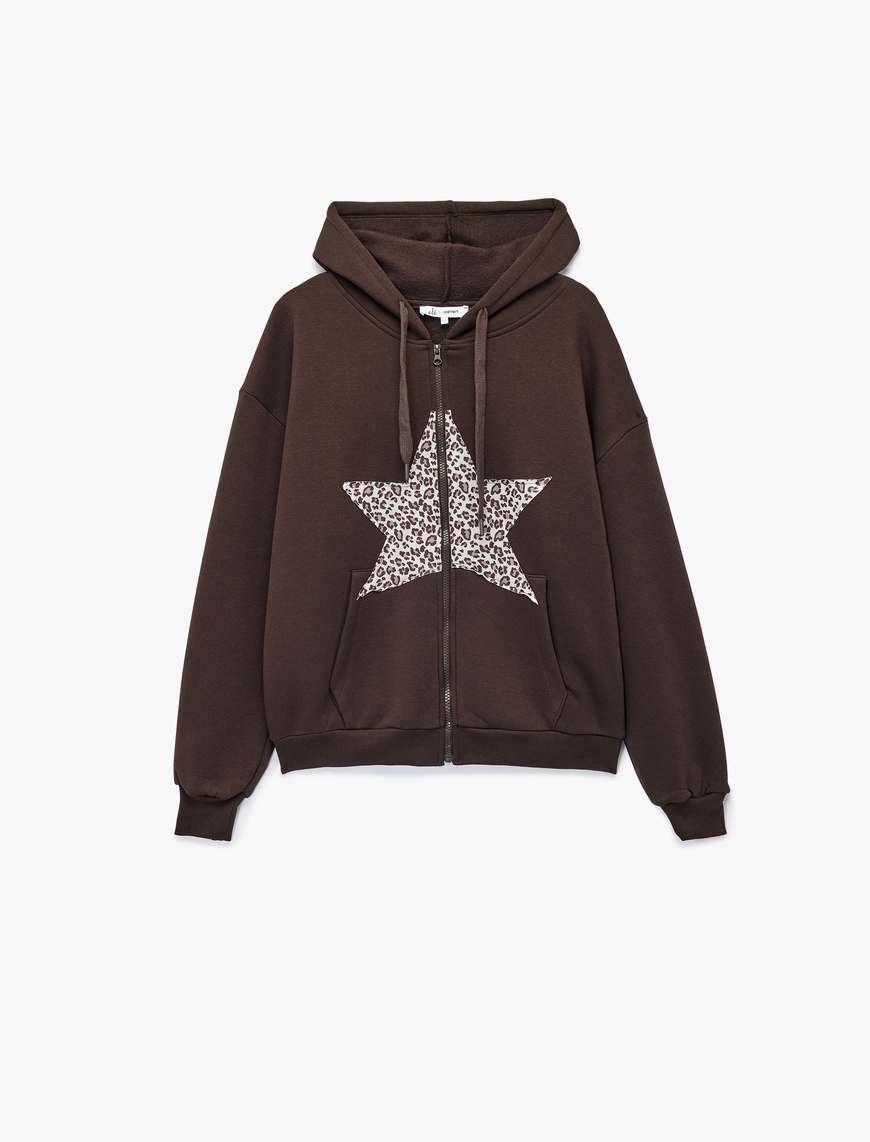   Şardonlu Fermuarlı Kapüşonlu Kanguru Cepli Leopar Baskılı Oversize Sweatshirt