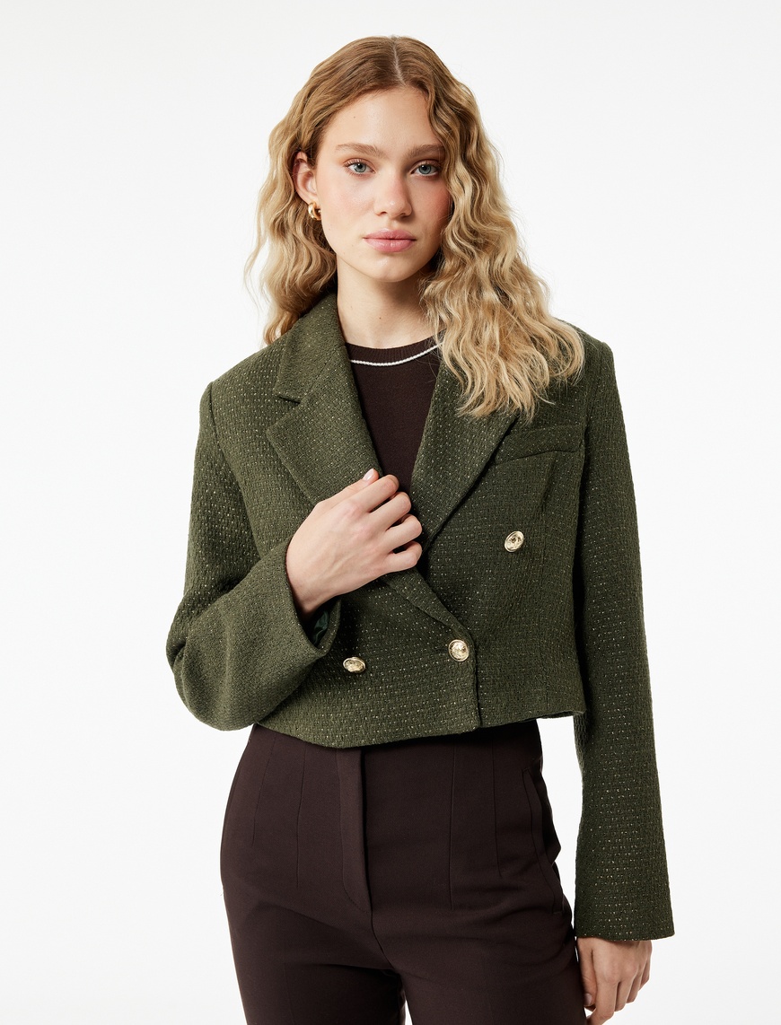   Uzun Kollu Kruvaze Tüvit Crop Blazer Ceket