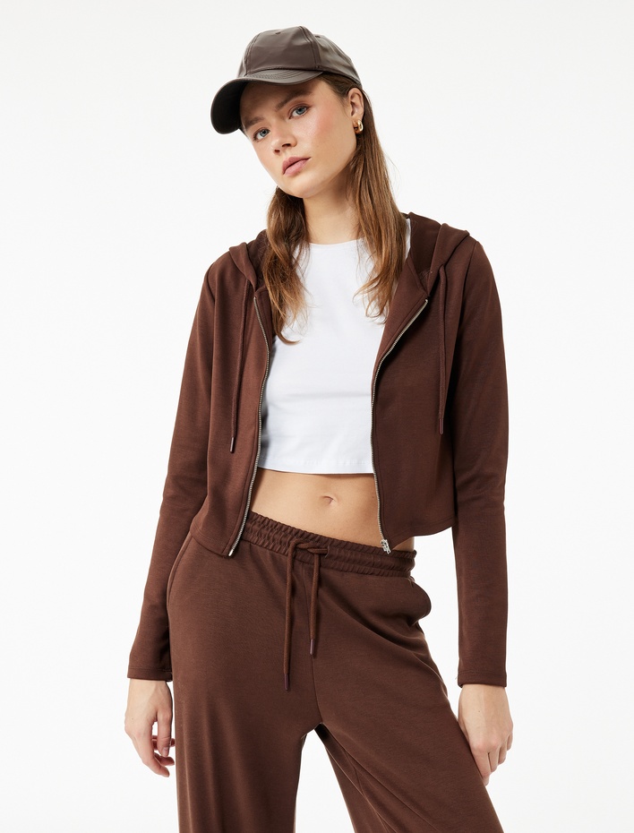  Kapüşonlu Fermuarlı Uzun Kollu Modal Karışımlı Crop Sweatshirt