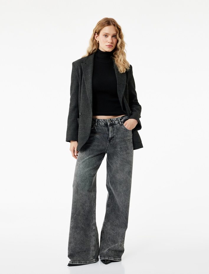  Pamuklu Bol Kalıp Düğmeli Cepli Yıkamalı Jean Pantolon - Loose Straight Fit Jean
