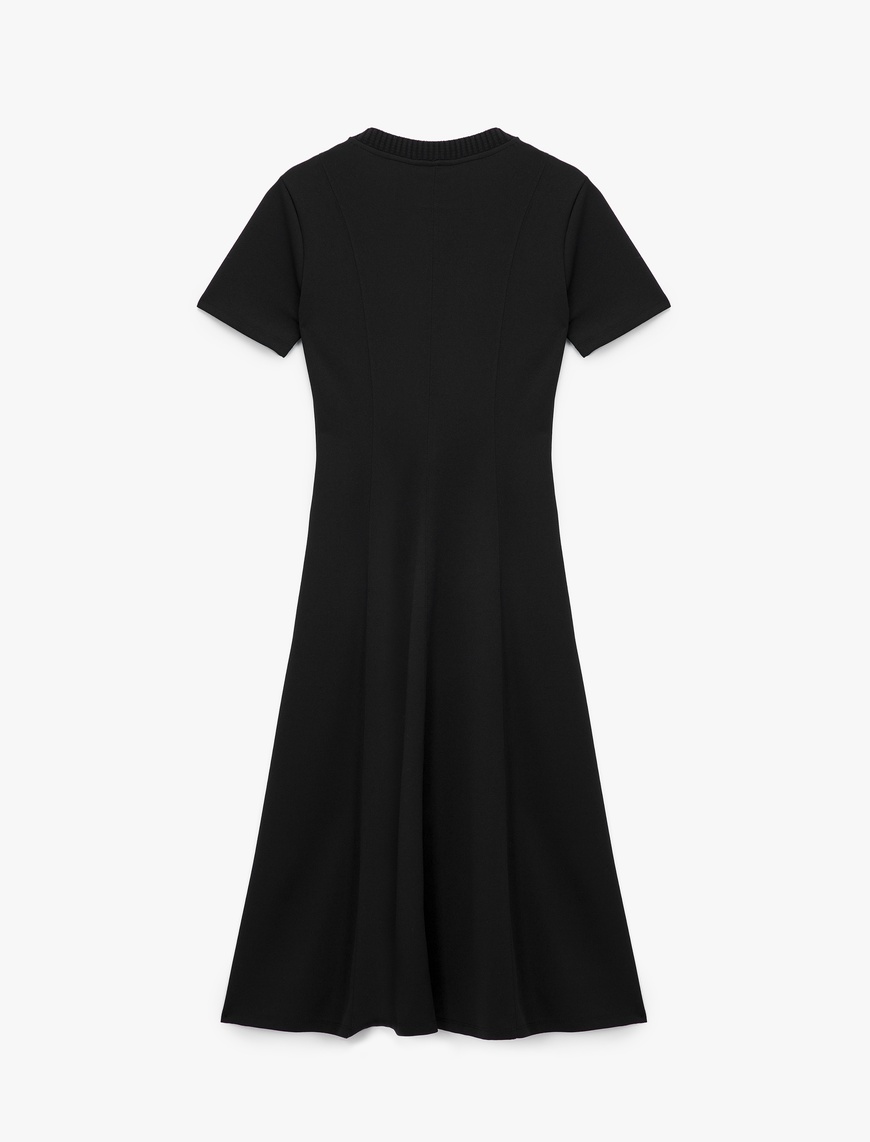   Krep Scuba Kumaş Slim Fit Kısa Kollu Bisiklet Yaka Midi Boy Kloş Elbise