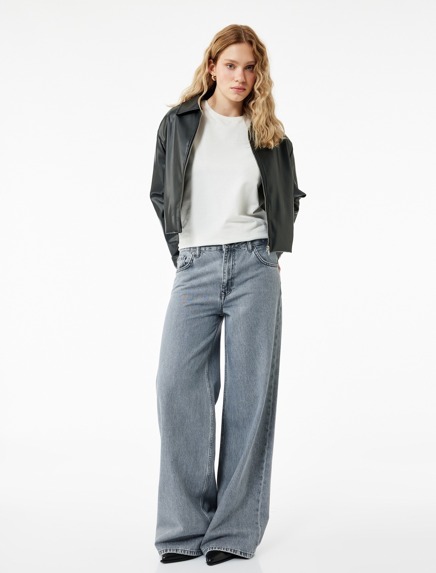   Yıkamalı Düğmeli Cepli Pamuklu Bol Kalıp Geniş Paça Jean Pantolon - Loose Straight Fit Jean
