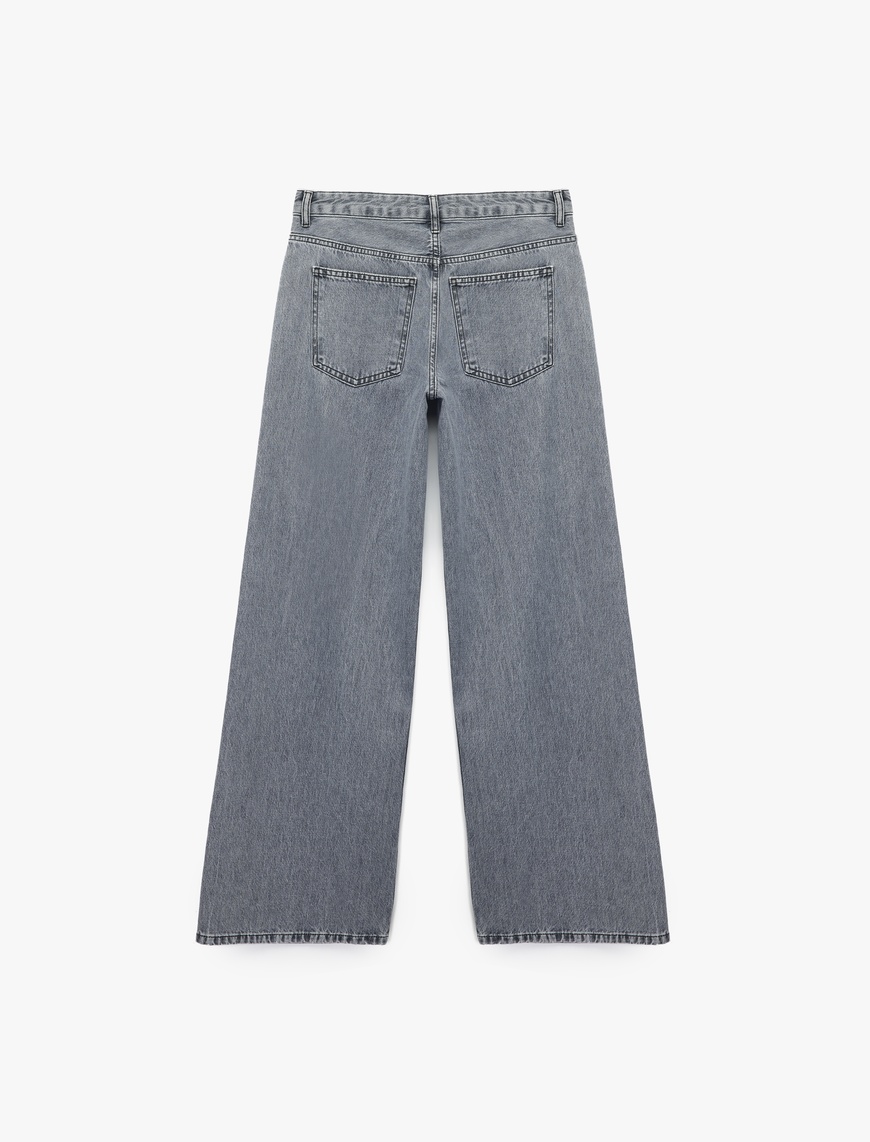   Yıkamalı Düğmeli Cepli Pamuklu Bol Kalıp Geniş Paça Jean Pantolon - Loose Straight Fit Jean
