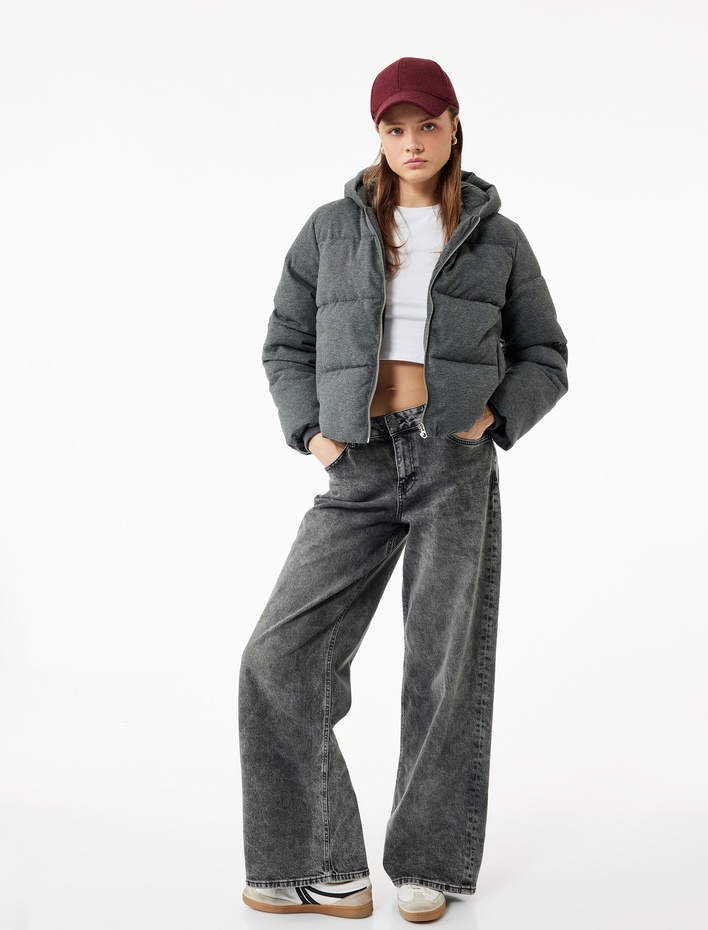  Kapüşonlu Uzun Kollu Fermuarlı Cep Detaylı Kapitoneli Anorak Şişme Mont