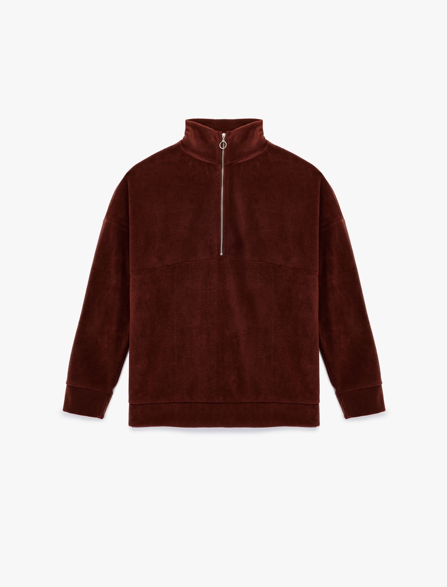   Oversize Uzun Kollu Yarım Fermuarlı Şardonlu Polar Sweatshirt
